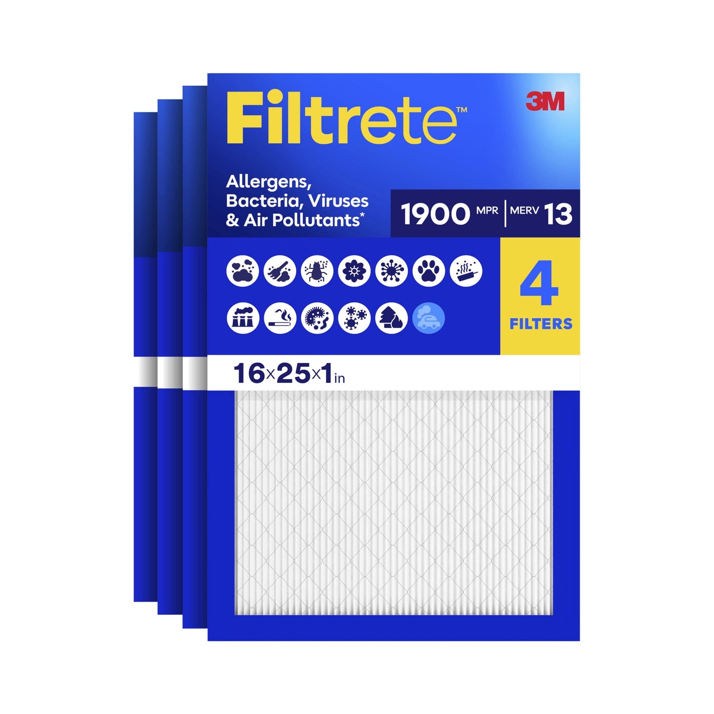 Filtrete 16x25x1 HVAC Furnace Air Filter, MPR 1900 MERV 13, Allergens Bacteria, Viruses & Air Pollutants, 4 Pack