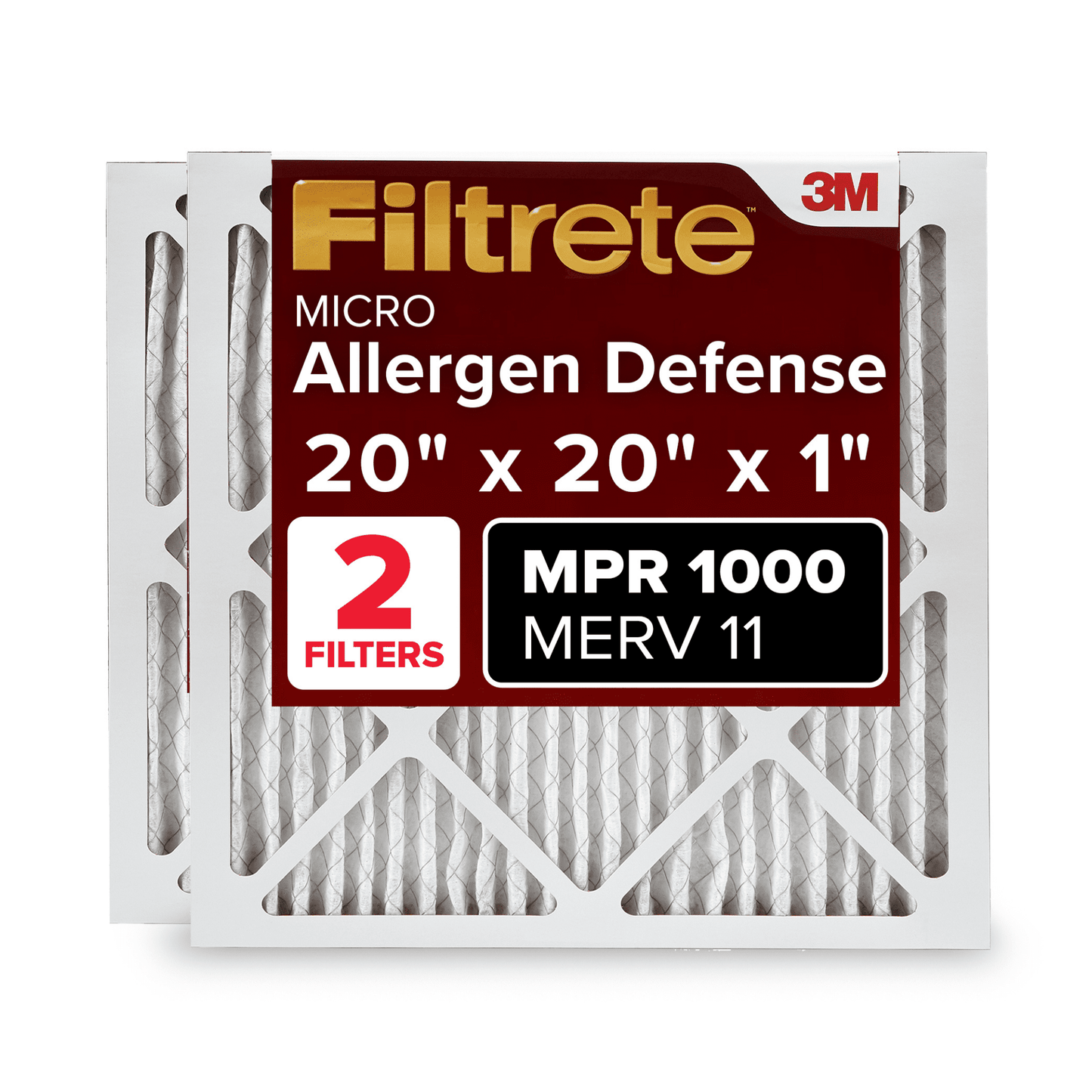 Filtrete 20x20x1 Air Filter, MPR 1000, MERV 11, Micro Allergen Defense 3-Month Pleated 1-Inch Air Filters, 2 Filters
