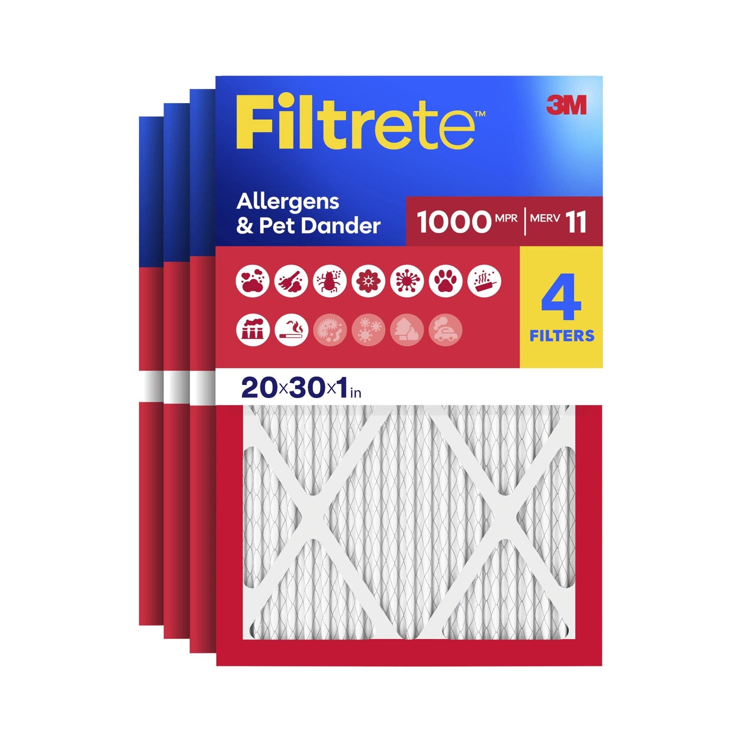 Filtrete 20x30x1 HVAC Furnace Air Filter, MPR 1000 MERV 11, Allergens & Pet Dander, 4 Pack