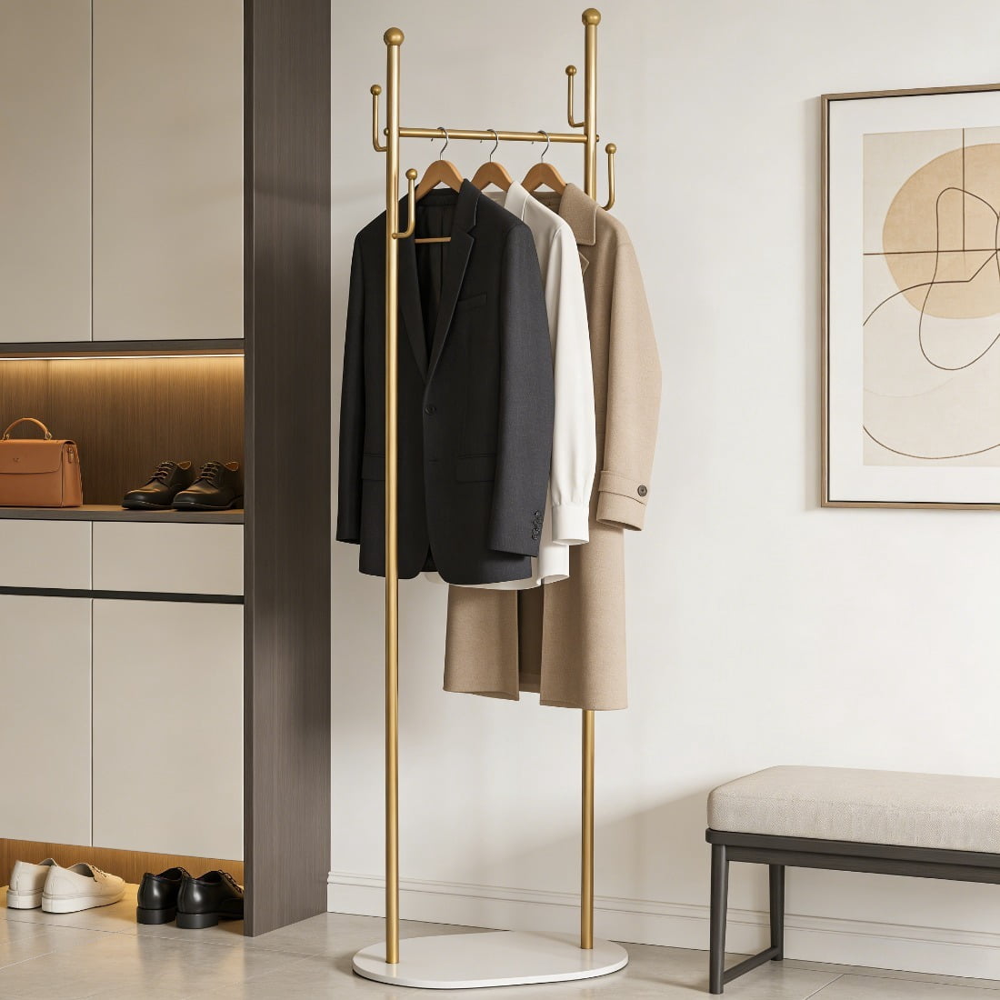 Freestanding Metal Coat Rack, Gold Frame with White Storage Shelf, Heavy Duty Hallway Clothes Hanger with Side Hooks for Entryway Bedroom Office