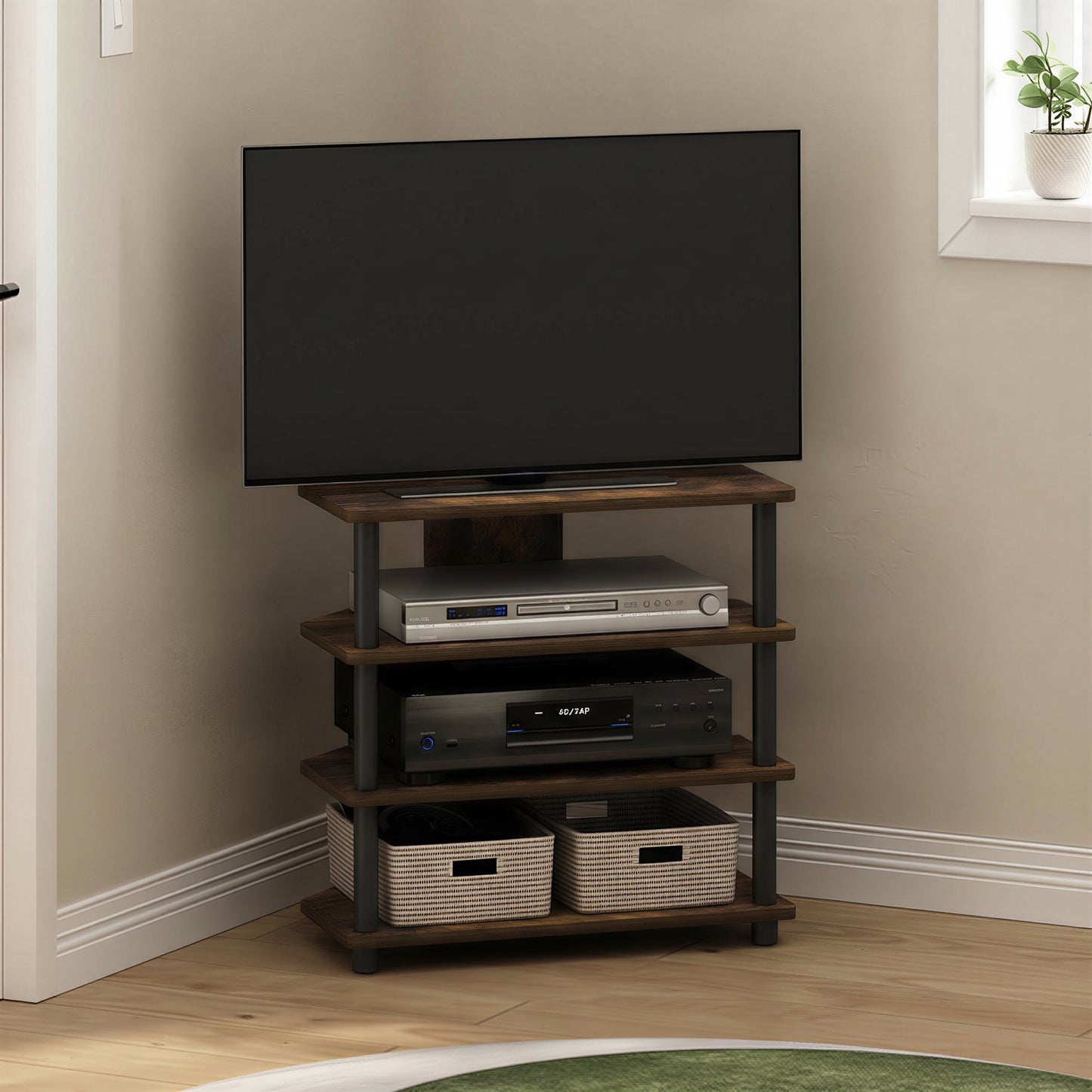 Furinno ECON 4-Tier Petite Corner Entertainment Center for 32" TV Amber Pine