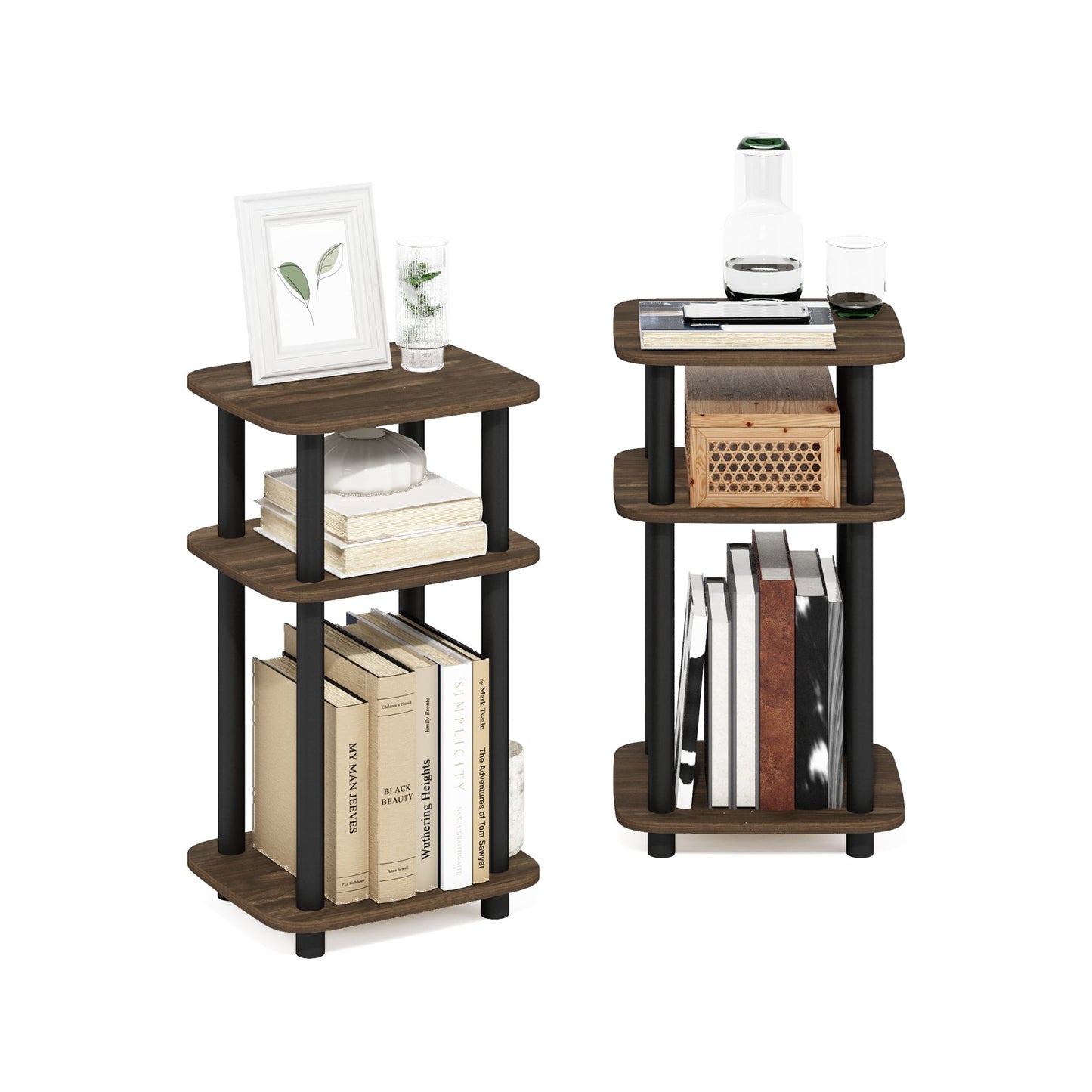 Furinno Just 3-Tier Turn-N-Tube Curve End Table, Side Table, 2-Pack, Columbia Walnut/Black