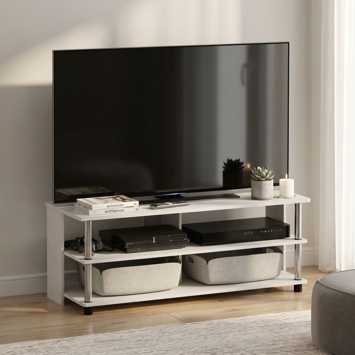 Furinno SULLY TV Stand, 3-Tier Rectangular Entertainment Center with Open Shelf, TV Console for TV up to 48 Inch, Open Frame for Cable Management, for Living Room, Bedroom, White Wood