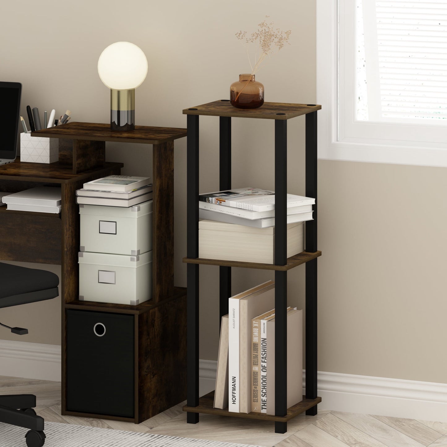 Furinno Simplistic End Table, Small, Set of 2, Amber Pine/Black