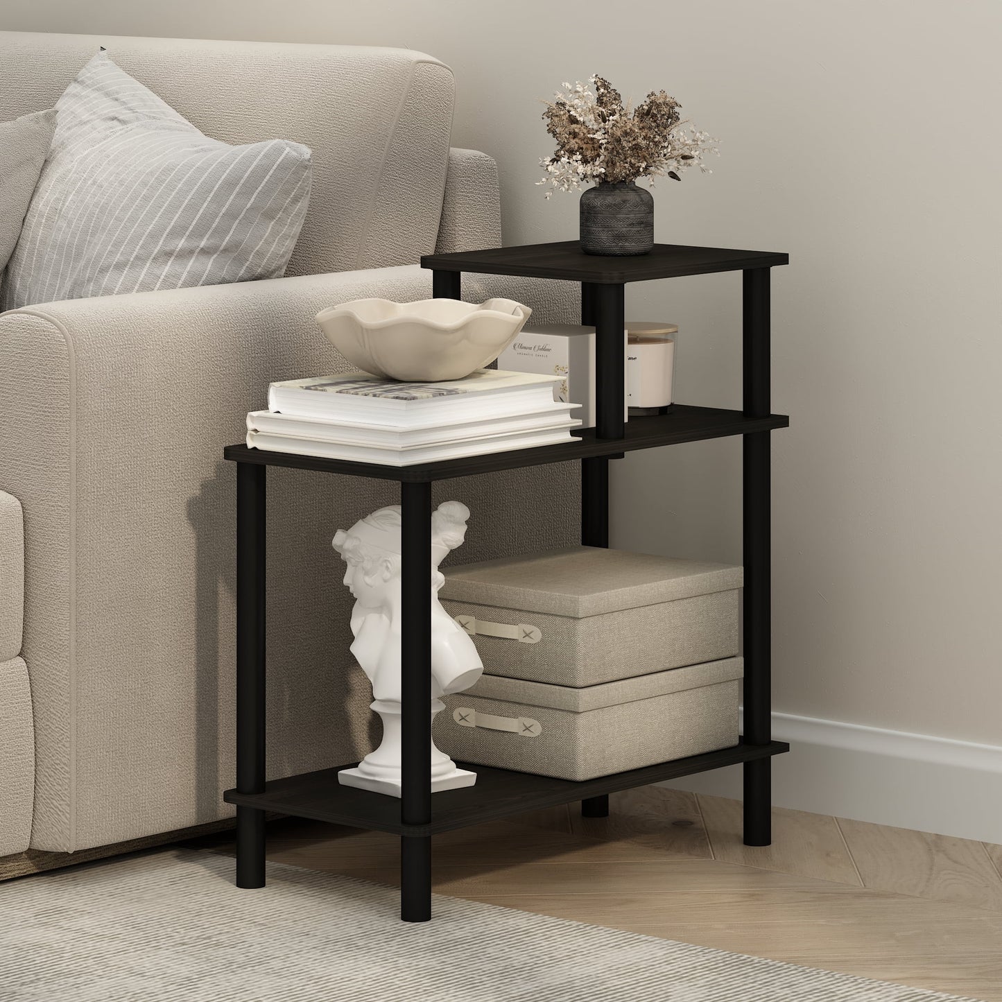 Furinno TURN-N-TUBE Side Table, 3-Tier Rectangle Sofa End Table with Open Shelf, Toolless Assembly Night Stand, Bedside Table, for Living Room, Bedroom, Black Espresso