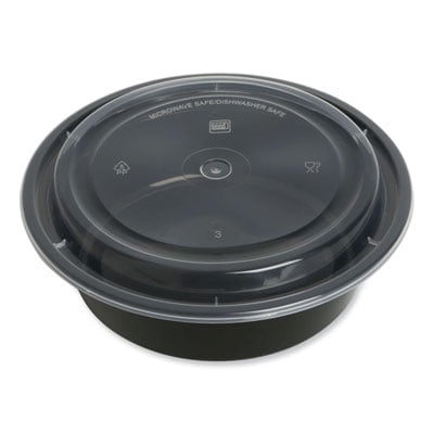 7.28 in. x 7.28 in. x 2.55 in. 32 oz. Plastic Microwavable Food Container with Lid - Round Black/Clear (150/Carton)