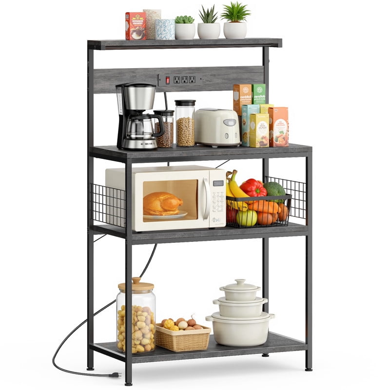 GIANNA Baker’s Rack with Power Outlet, 4-Tier Kitchen Coffee Bar and Microwave Stand, Storage Organizer, 31.5 Inch, Gray