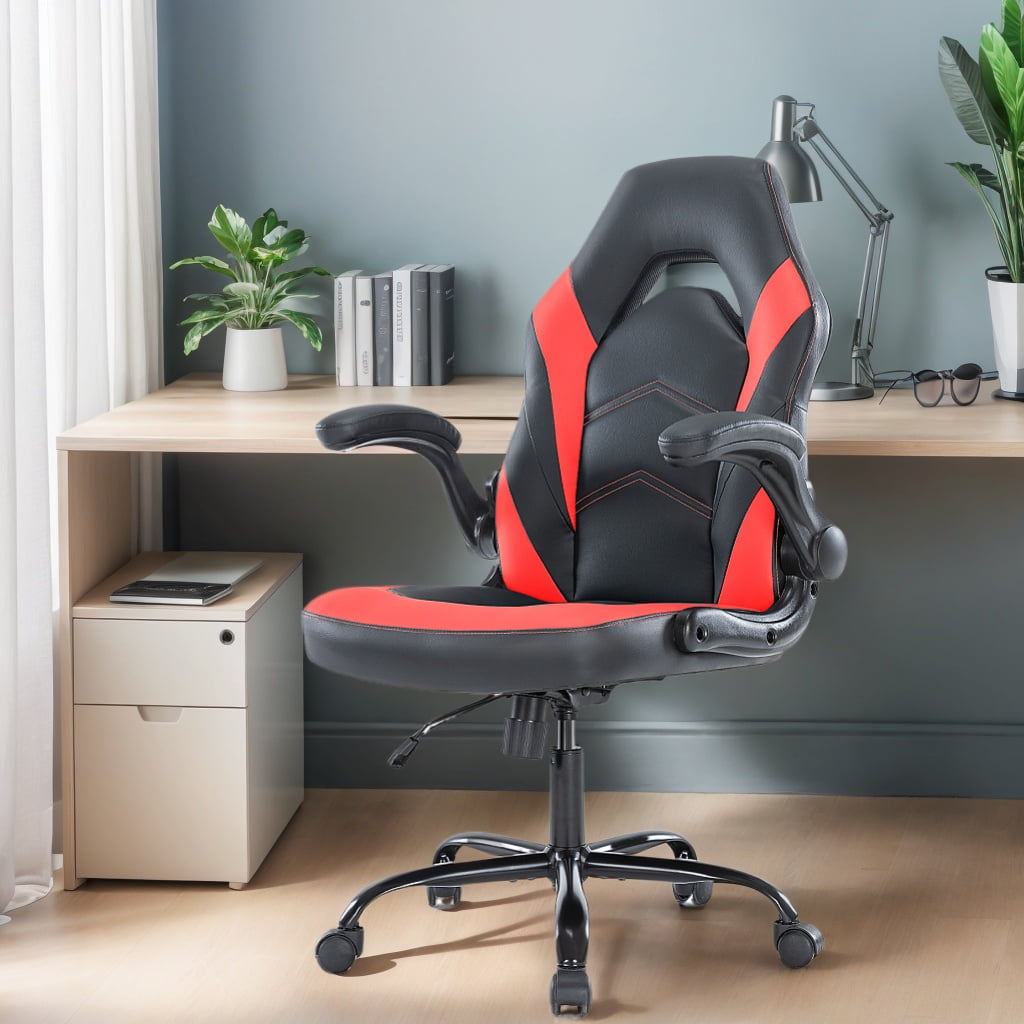 GIANNA Silla Ergonómica de Cuero PU para Computadora Gamer, Silla de Carreras Giratoria Ajustable con Reposabrazos Abatible, Negro Rojo