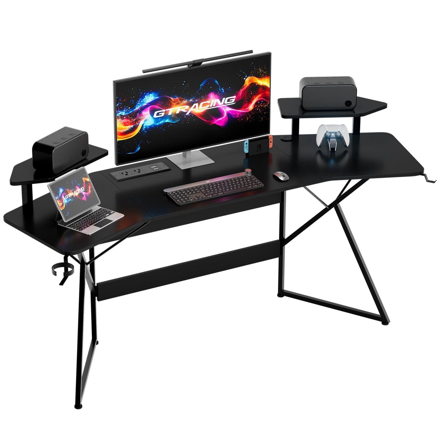 GTRACING Escritorio Gamer con Forma de Ala con Toma de Corriente, Luces LED RGB, Soporte de Monitor Removible, Alfombrilla de Mouse de Tamaño Completo, Gancho para AudÃfonos y Portavasos, Negro