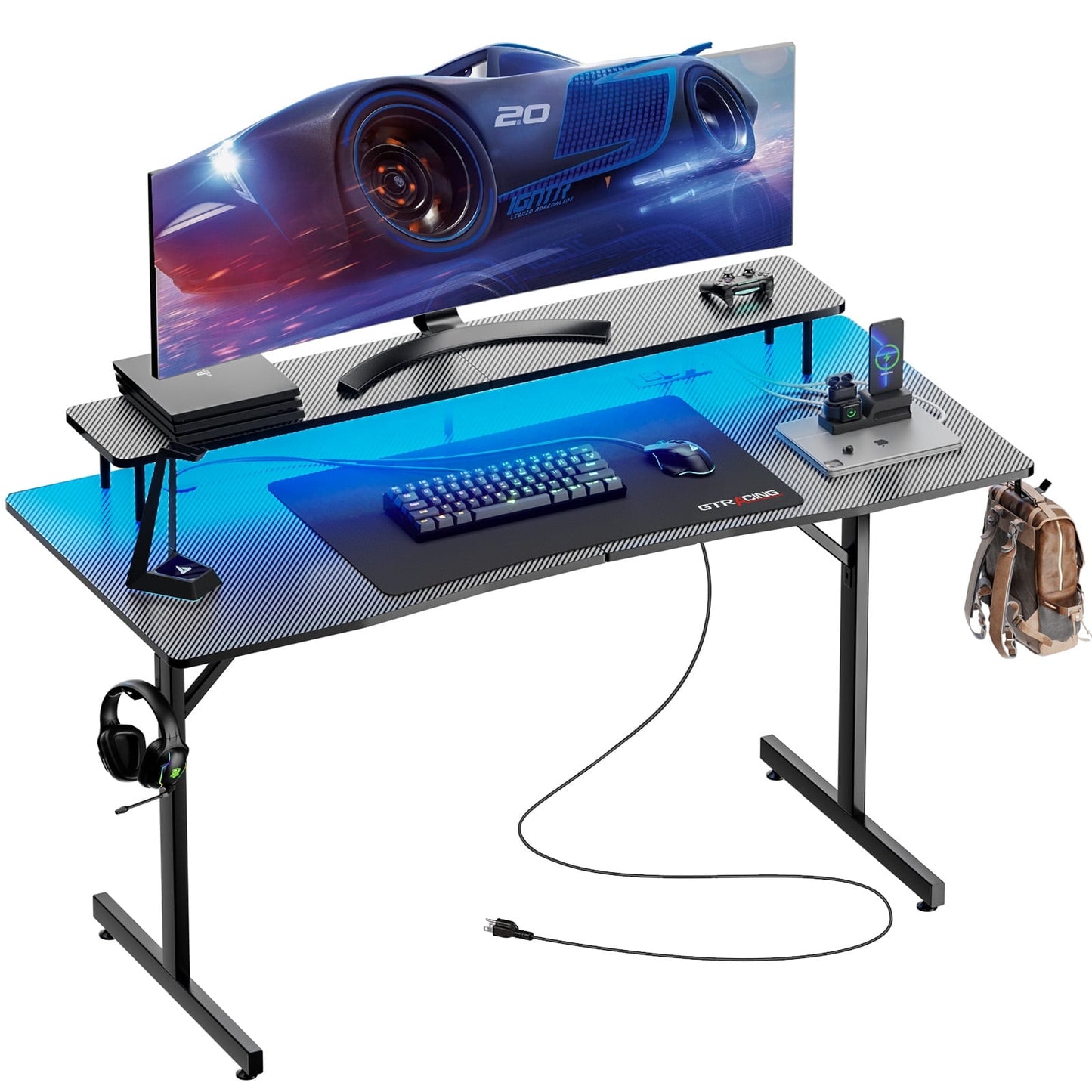 GTPLAYER Computadora Gamer Ergonómica de Fibra de Carbono de 55" con Soporte para Monitor, Toma de Corriente y Alfombrilla de Mouse RGB, Negro