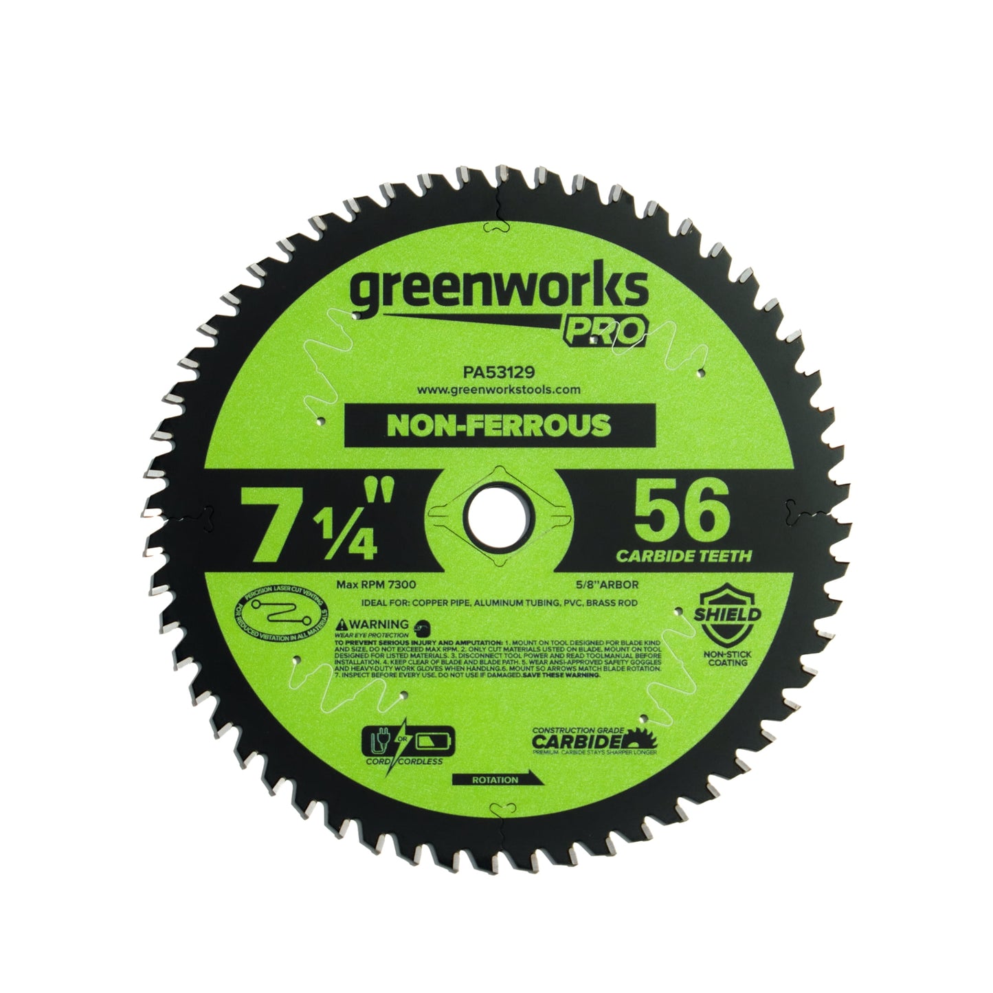 Greenworks Pro 24V PowerAll 7.25" blades – 56T Non-Ferrous Metal Cutting Blade, OKE901, Laser Cut and Teflon Coating, PA53129A1