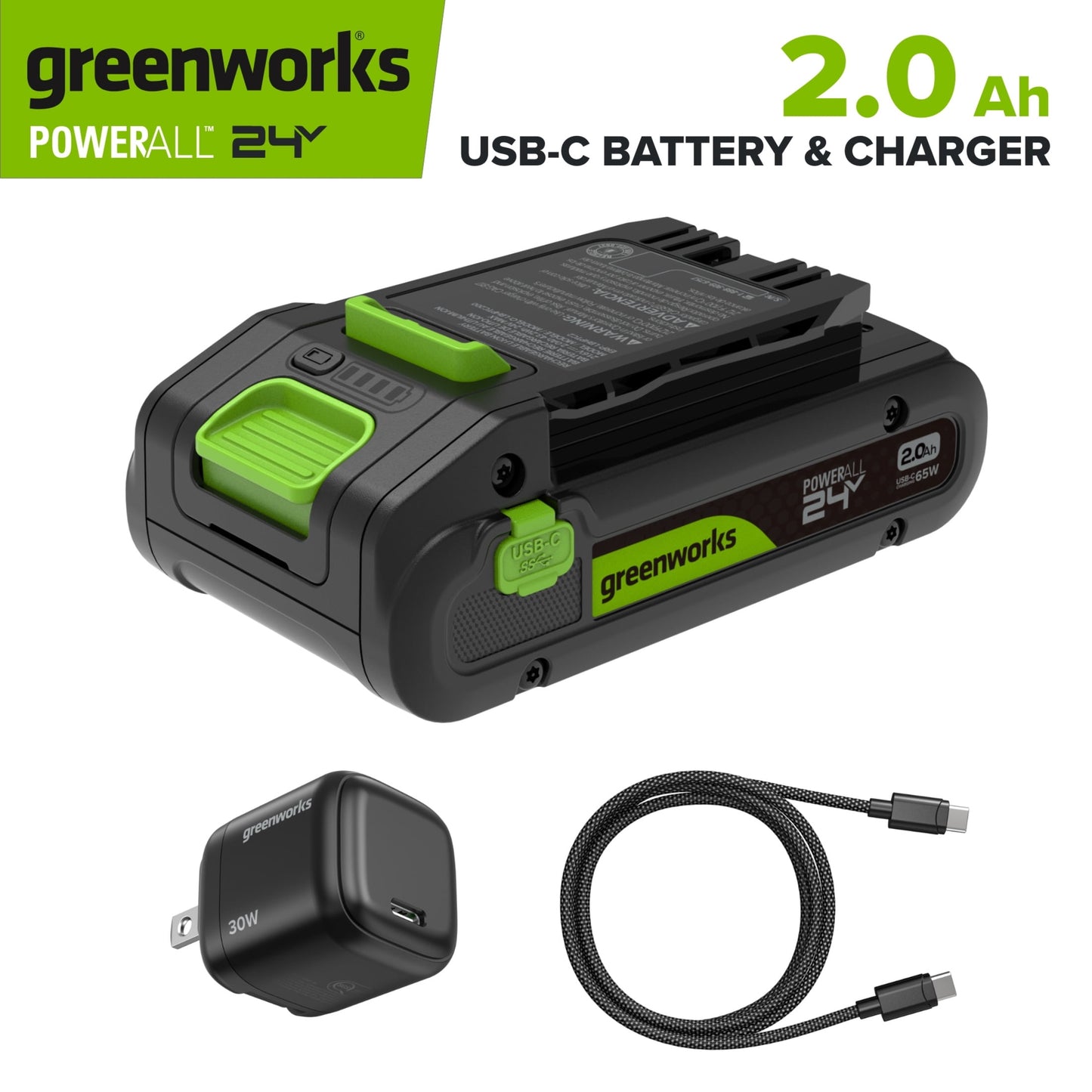 Greenworks PowerAll 24V 2Ah Battery Charger Kit with 30W USB-C Charging with Cable, K2S2BUAA2