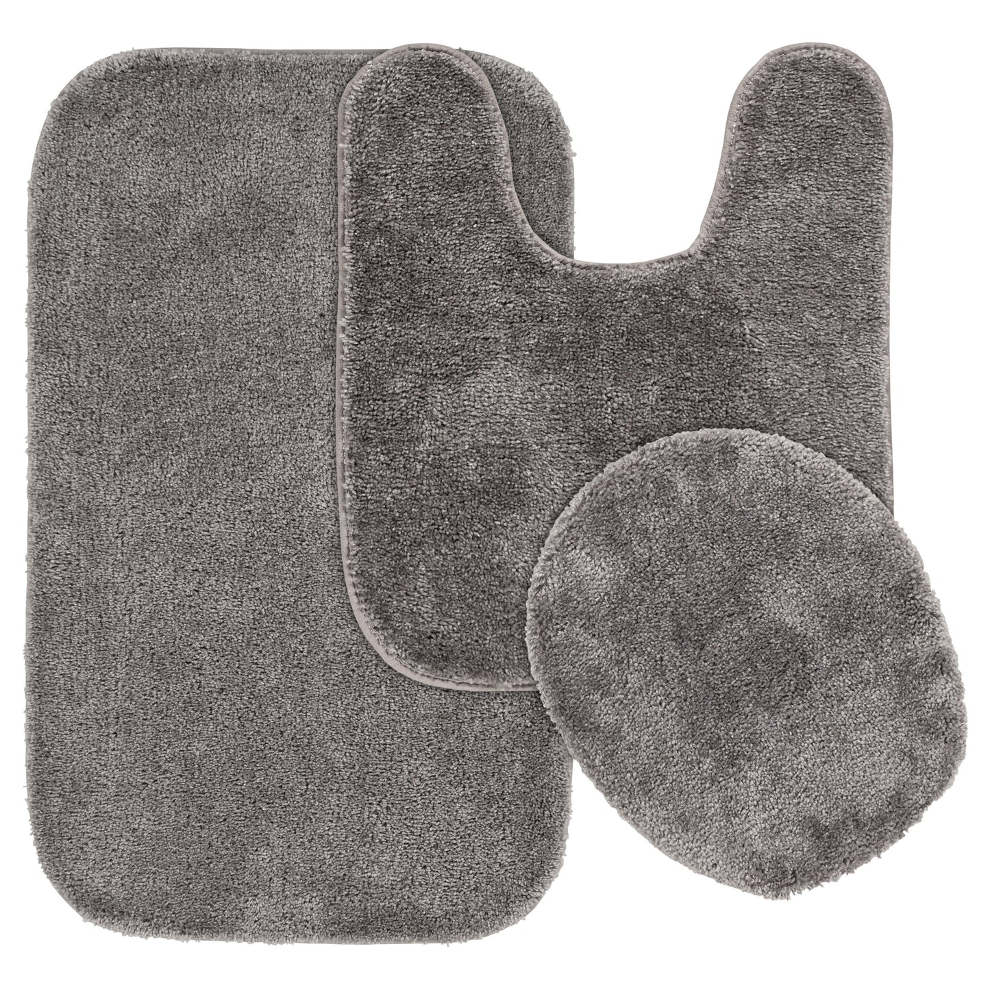 Garland Rug Traditional Washable Bath Rug Set, 3 Piece Set (21"x34" Bath Rug, Contour Rug, & Toilet Lid) Medium Gray