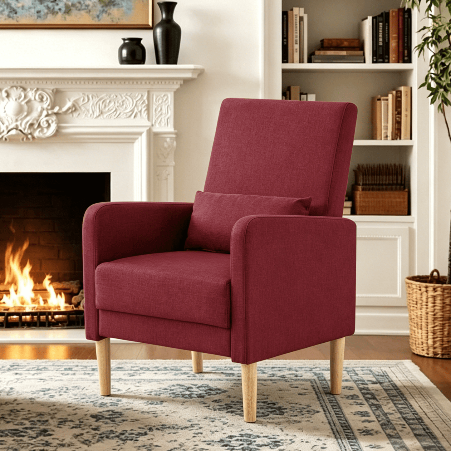 Gewnee 26.5"Accent Chair,Linen Fabric Upholstered Comfy Armchair with Solid Wood Frame & High Back,Single Chair for Living Room,Apartment,Office.Dark Red