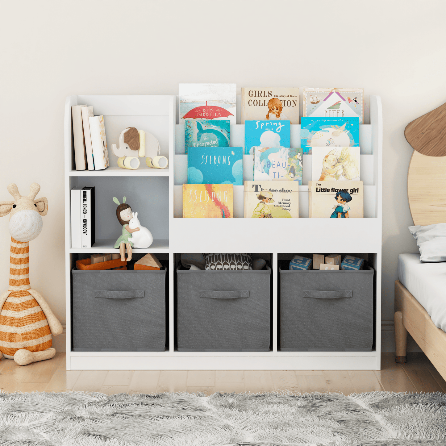 Gewnee Wooden Kids Bookshelf Toy Organizer Storage Bookcase with 3 Drawers,White for Child