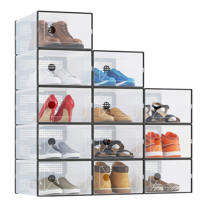 Gianna 12 Pack Stackable Shoe Box , Plastic Storage Organizer for Closet Hallway Bedroom, Holds Shoes up to US Size 11,Black
