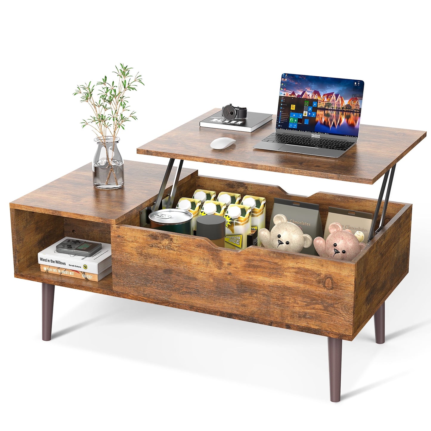 JOINSUN Mesa de Centro Elevable de Madera de 39,4" de Largo X 19,6" de Ancho X 17,4" de Alto con Compartimento Oculto y Estante de Almacenamiento Ajustable