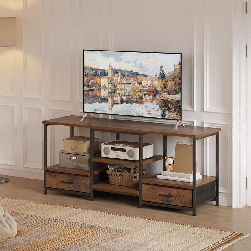 Gianna 63" TV Stand for 75" TVs, Media Console with Built-In USB, Type-C & AC Charging Station, Entertainment Center with Storage Shelves and Fabric Drawers, Rustic Brown