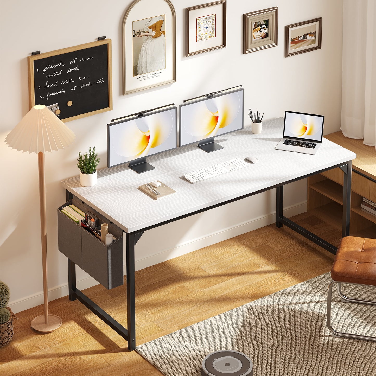Gianna 63" Computer Desk with Metal Frame, Waterproof Surface and Storage Bag – Perfect for Office Use, White