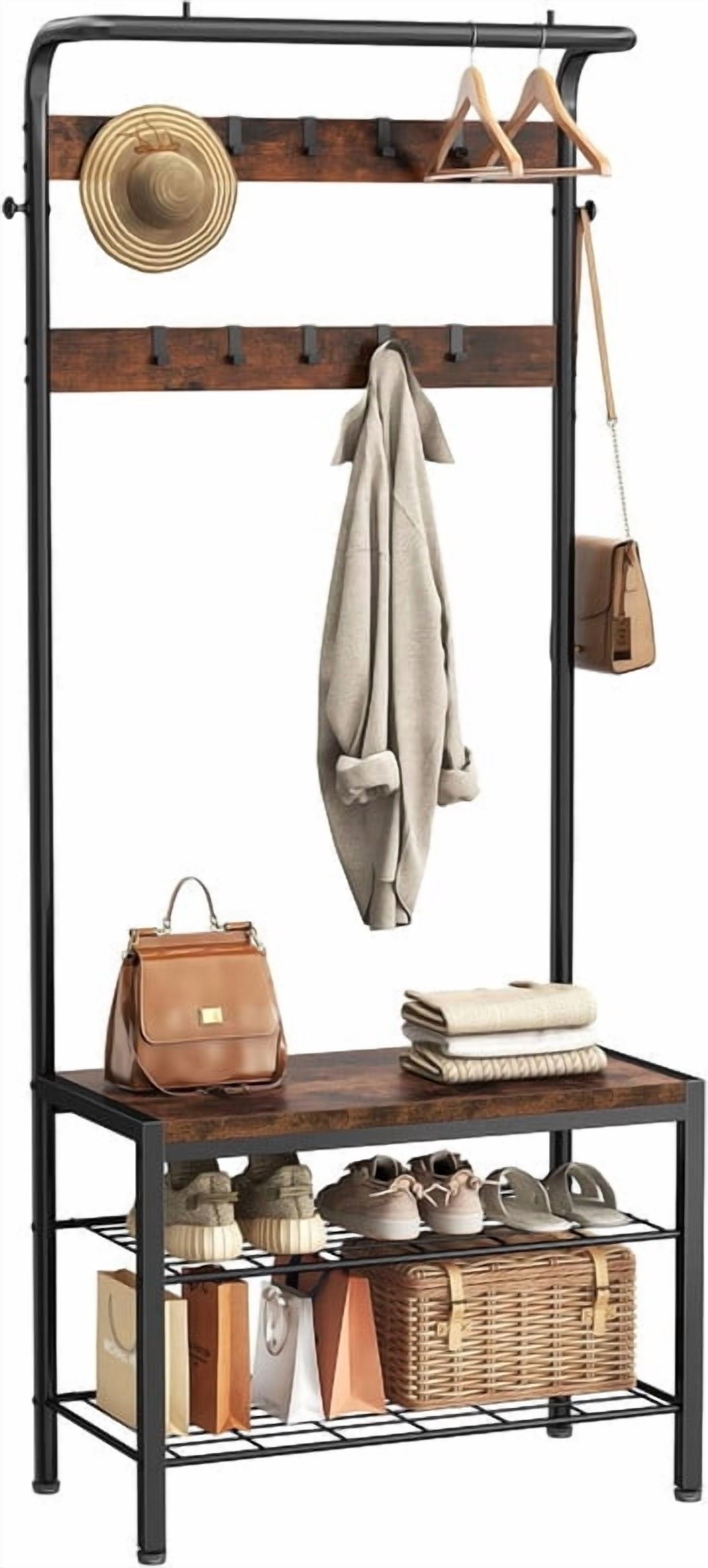 Gianna Hall Tree with Shoe Bench and Coat Rack, Entryway Bench with Shoe Storage and Hooks, 4-in-1 Coat and Shoe Rack for Entryway, Mudroom Storage Organizer with Shelves,Brown