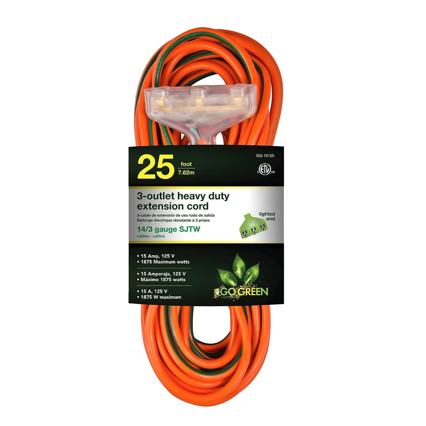 GoGreen Power (GG-15125) 14/3 25’ 3-Outlet SJTW Outdoor Extension Cord, Lighted Extension Cord, 25 ft
