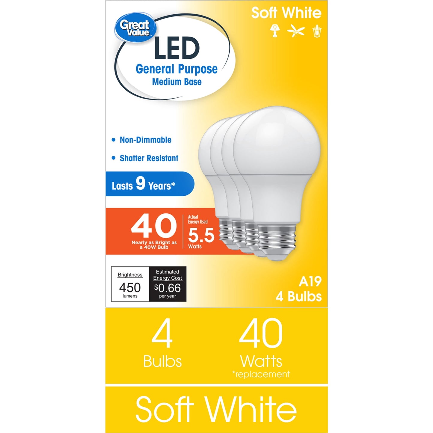 Great Value Bombilla LED, Luz Blanca Suave, Equivalente a 40 Vatios, Uso General A19, Base Mediana E26, 9 Años, Paquete de 4