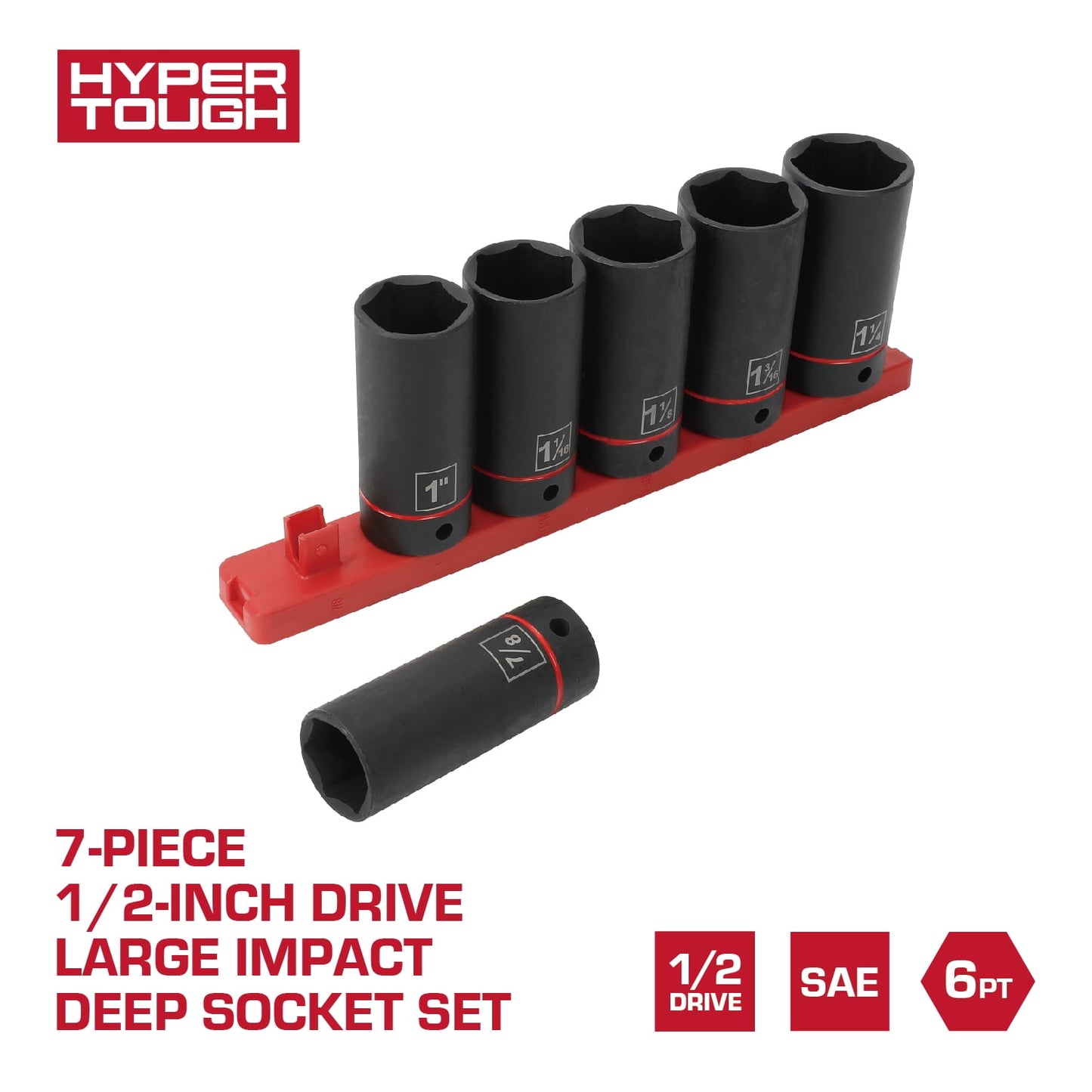 Hyper Tough 1/2-Inch Drive Large Impact Deep Socket Set, SAE, 7 Pieces