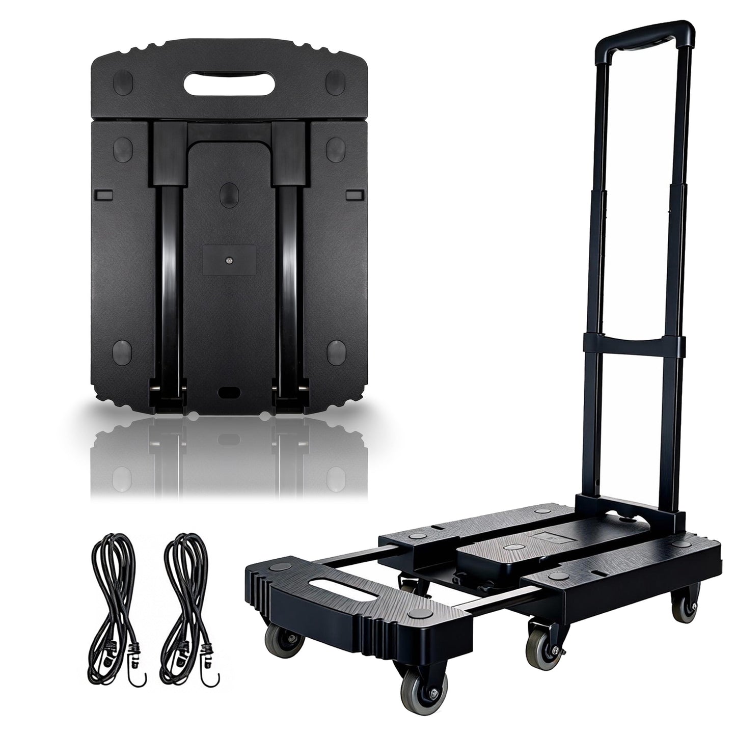 cisilov Dolly Cart with Wheels, Foldable Hand Truck, 500 LB Heavy Duty Luggage Cart, with 2 Elastic Ropes, Black