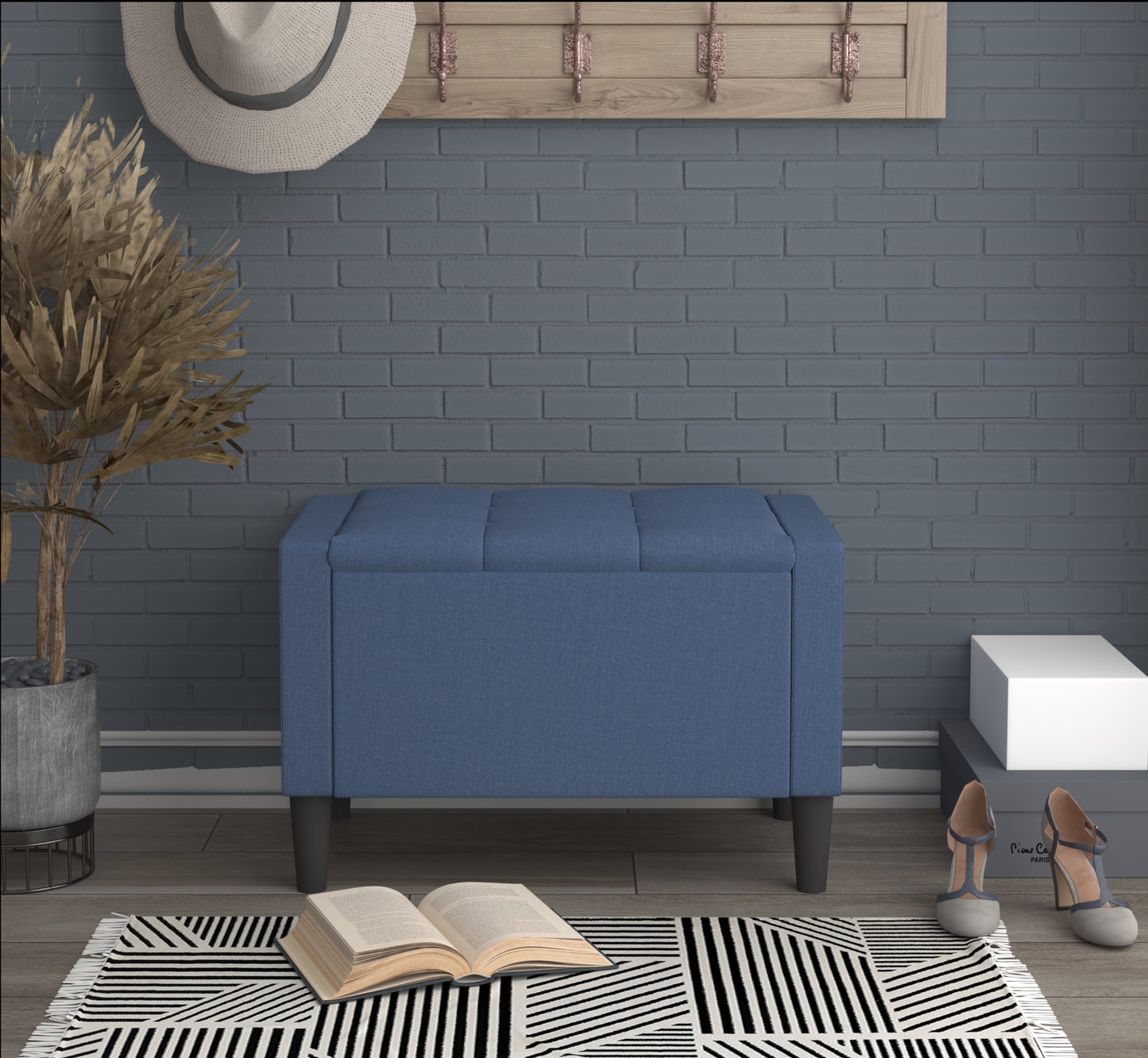 Home Design Braylen Upholstered 29" Flip Top Storage Bench with Button Tufted Velvet Seat, Spacious Hidden Storage, Modern Rectangular Design for Bedroom or Living Room, Denim Blue