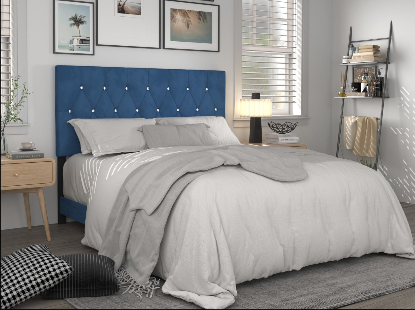 Home Design Concetta Queen Tufted Upholstered Adjustable Headboard, Blue, Velvet with Diamond Button Tufting, Modern Bedroom Furniture