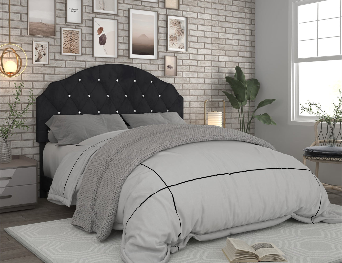 Home Design Evelina Full Tufted Upholstered Headboard, Black, Velvet with Diamond Button Tufting, Modern Bedroom Furniture