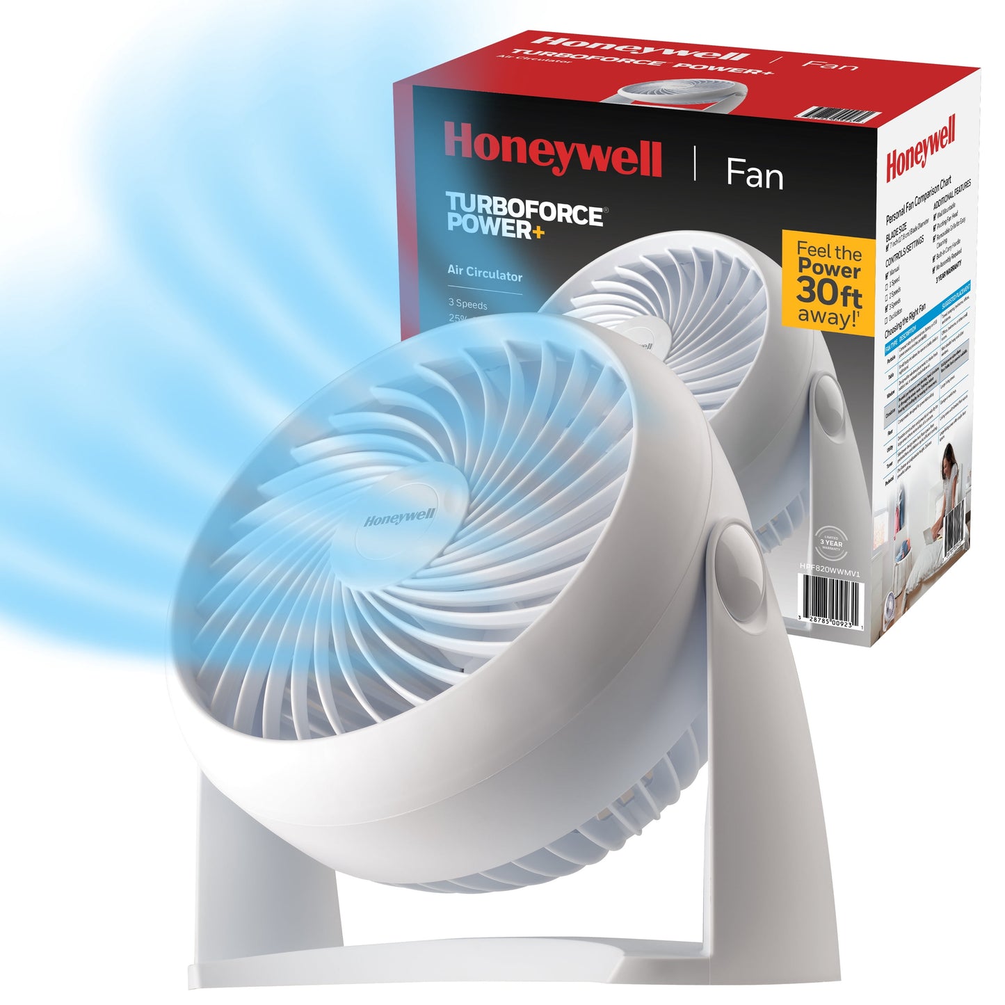 Honeywell Ventilador de Mesa Turbo Force Blanco de 10â€, Potencia de Circulación de Aire de 30 Pies, 3 Velocidades, Pivote de 90°, HPF820WWM