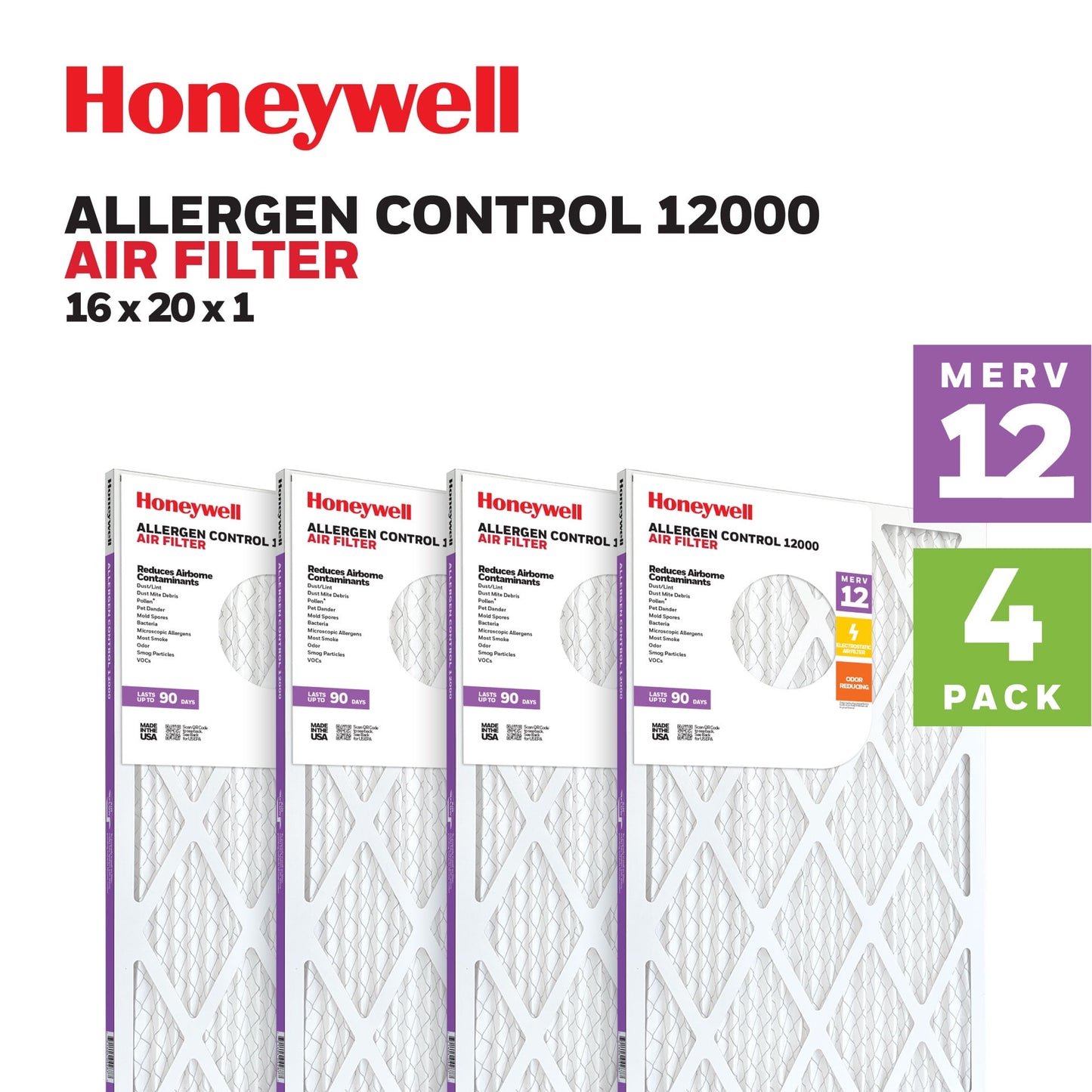 Honeywell 16x20x1 MERV 12 Pleated HVAC Furnace Air Filter -4 Pack