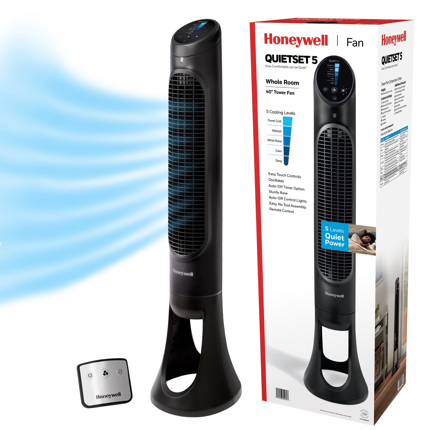 Honeywell Ventilador de Torre Oscilante Quiet Set Negro de 40", Potencia de Circulación de Aire de 30 Ft, 5 Velocidades, Temporizador de Apagado Automático, HYF260B