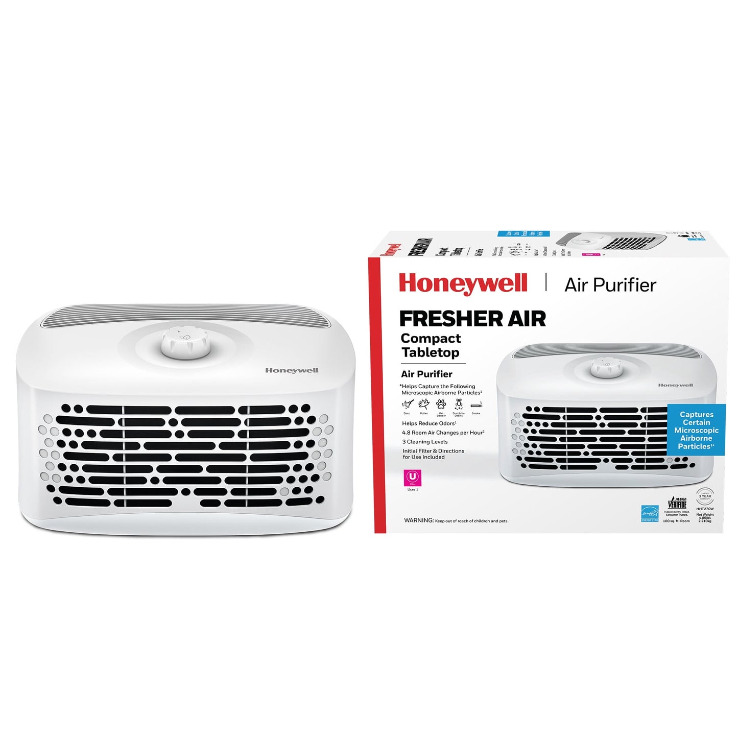 Honeywell Purificadores de Aire para el Hogar, 465 Pies Cuadrados, de Mesa, Reduce Polvo, Polen, Caspa de Mascotas, Olores, Reductor Compacto de Alérgenos, Blanco HHT270