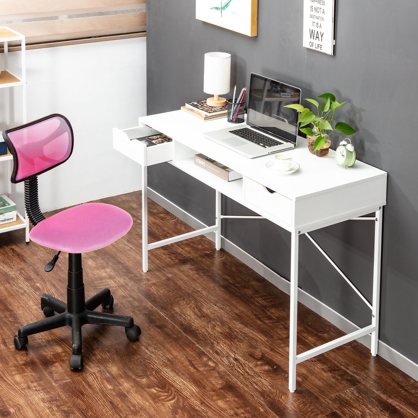JJS 48' Writing Desk with Drawers, Contemporary Home Office Large Computer Laptop Workstation with Storage, White Drawer