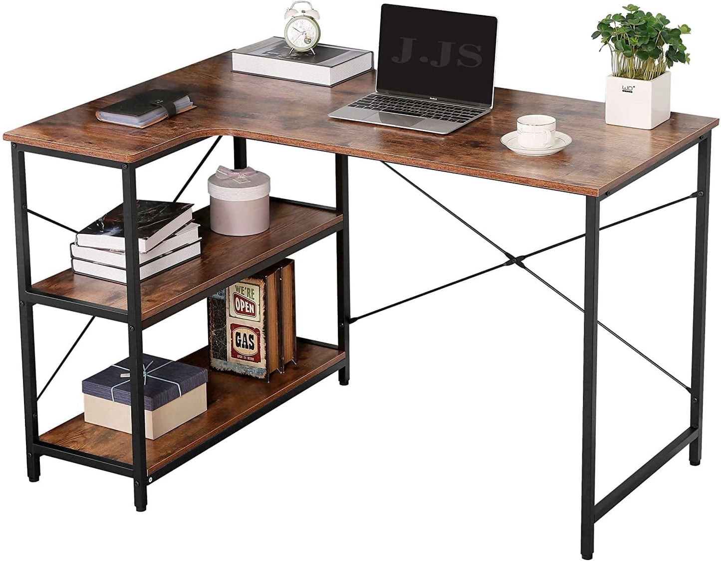 JJS L-Shaped Home Office Corner Writing Computer Desk with Built-in Bookcase, Wood and Metal Modern Study Laptop Table Workstation with Storage Shelves for Small Spaces,Rustic Brown