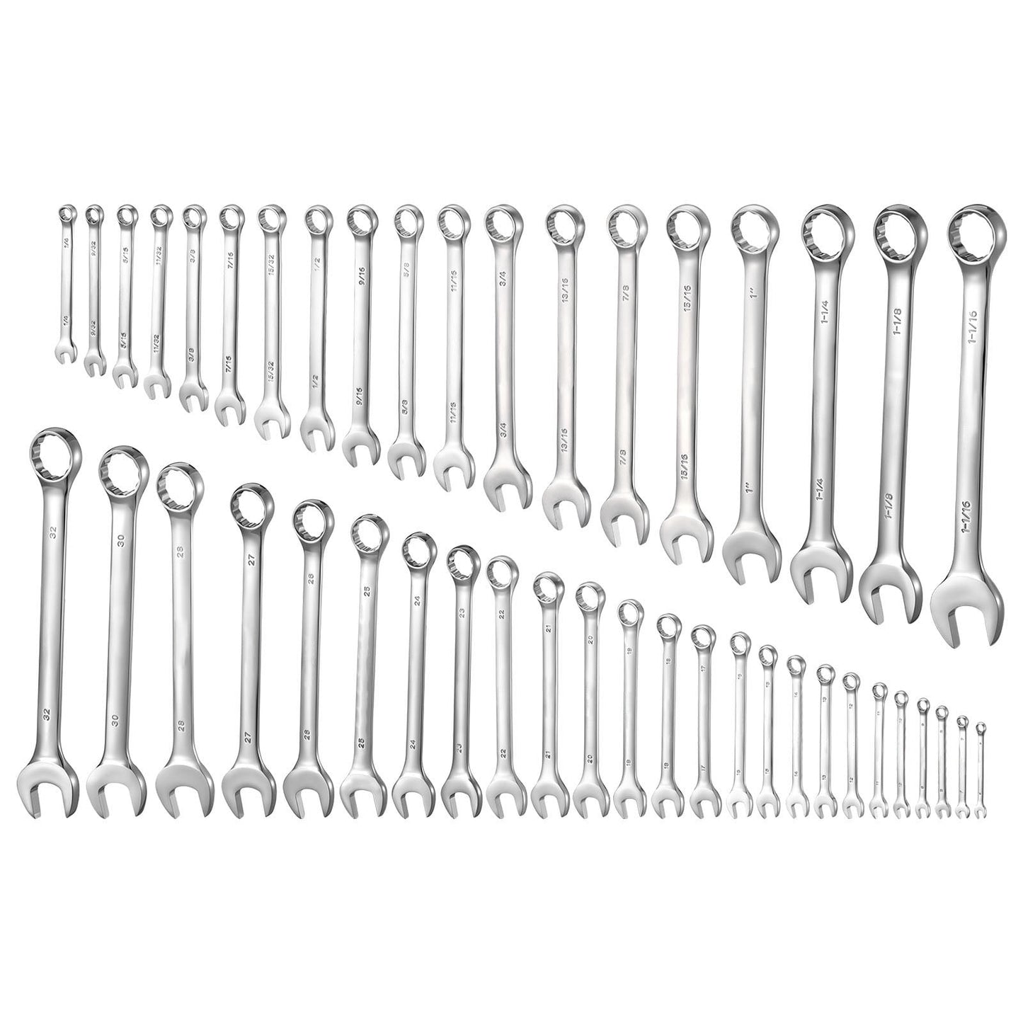 KFFKFF 44-Piece SAE and Metric Combination Wrench Set, 12-Point Box End with 15° Angled Open End, Includes Roll-Up Pouch, Carbon Steel, Ideal for Household and Automotive Maintenance