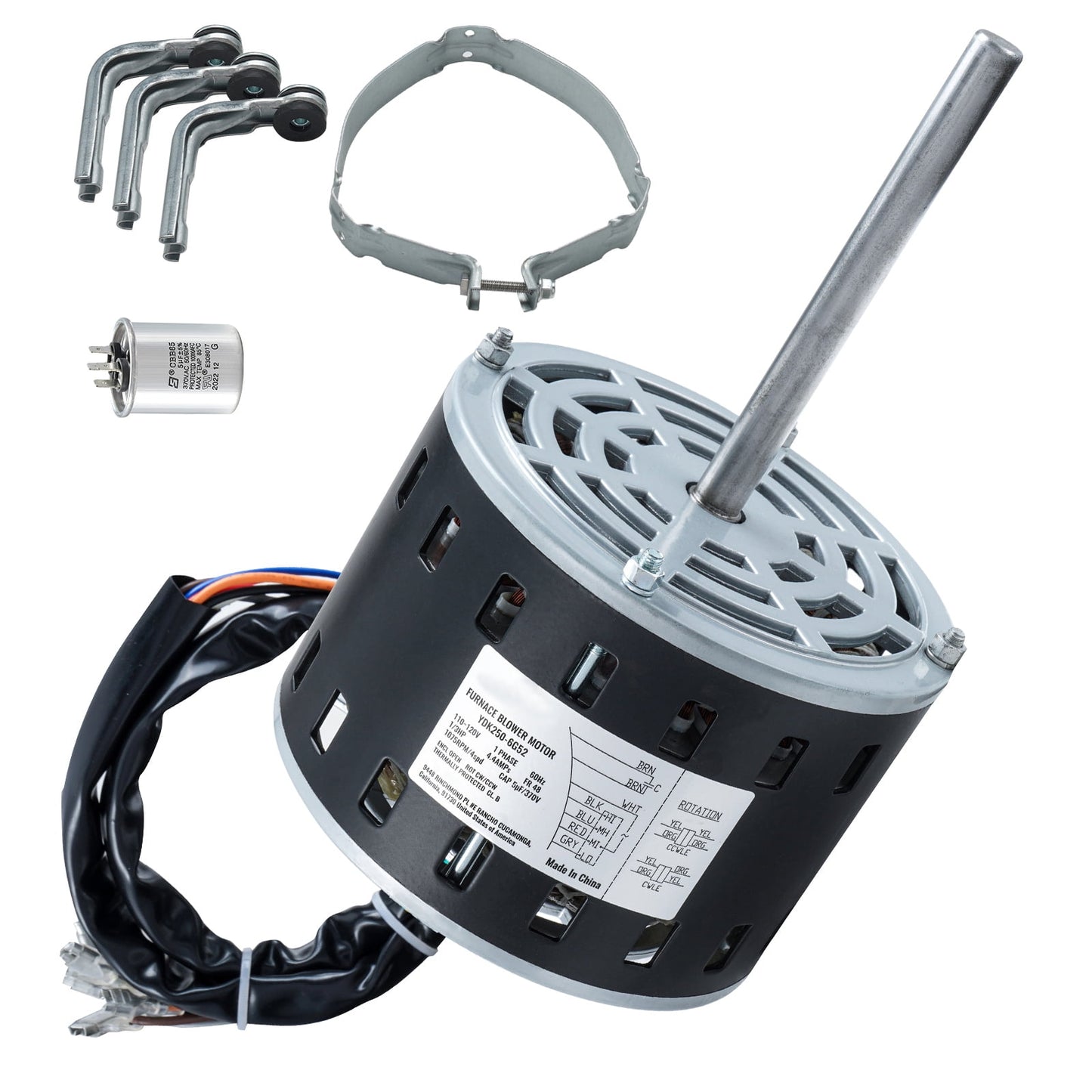 KFFKFF Furnace Fan Motor, 1/3HP, 110/120V at 4.4Amps, 1075RPM with 4 Speeds, Clockwise/Anti-Clockwise Rotation, 48 Frame with 5.2" Shaft Length, 5μF/370V Capacitor and 11" Support Ring
