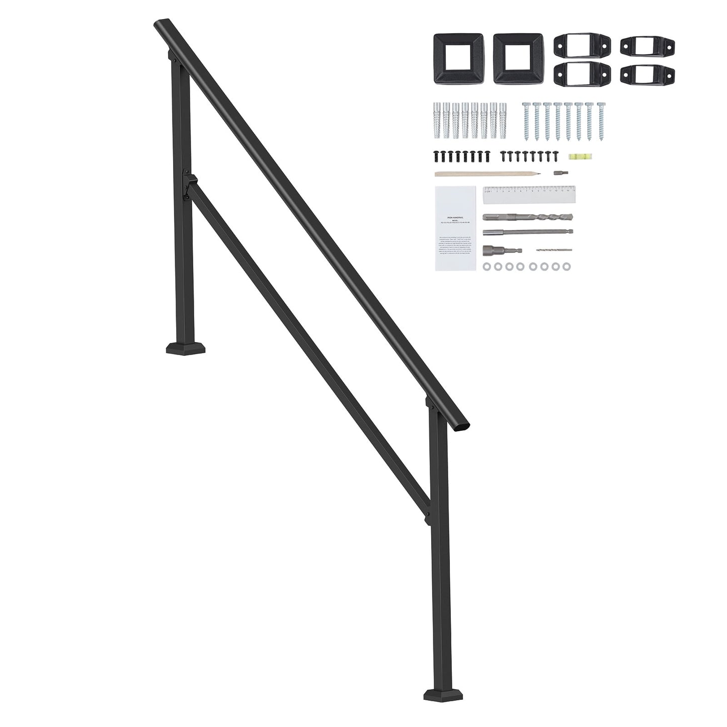 KFFKFF Outdoor Handrails for 2-3 Steps, Sturdy Carbon Steel Stair Rail Kit, Includes Mounting Gear, Ideal for Elderly, Suitable for Concrete Steps, Porches & Decks, Black Square Design