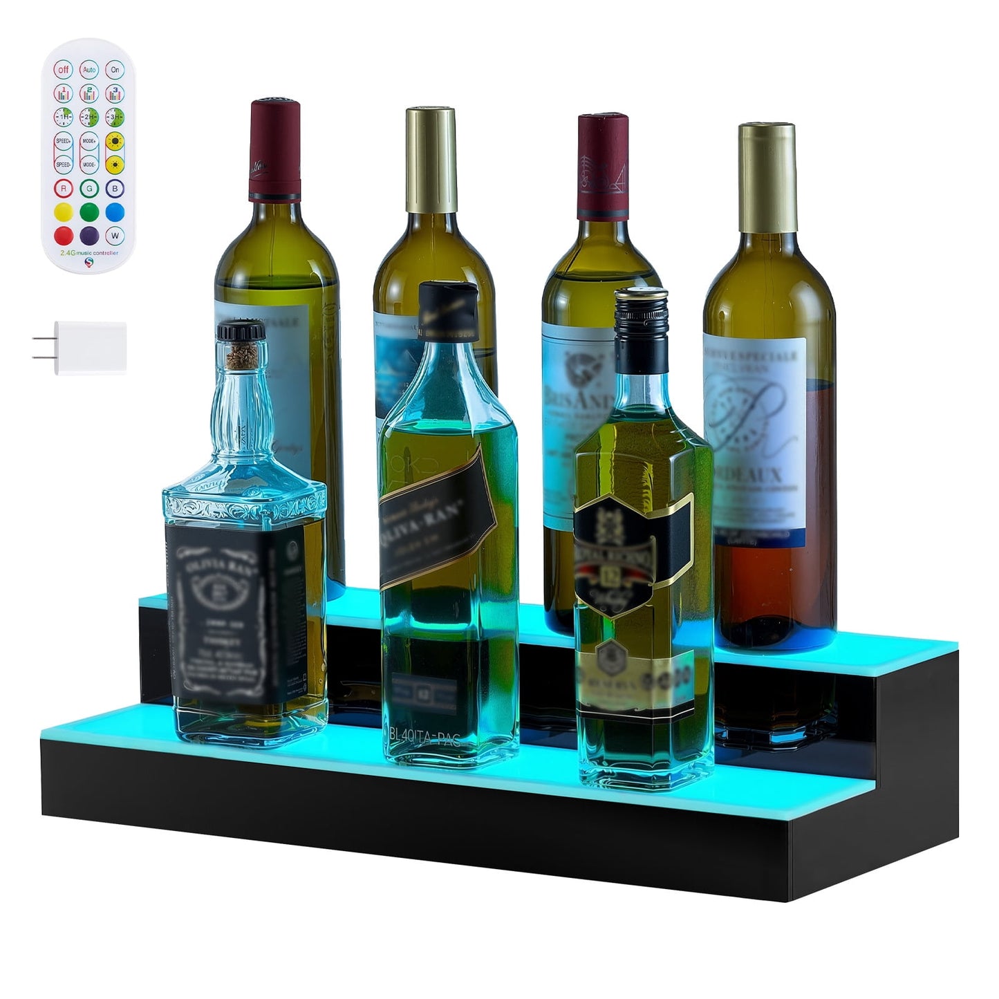 KFFKFF LED Illuminated Liquor Bottle Display, 2-Tier 20-Inch Whiskey Rack with USB Support, Home Bar Shelf with RF Remote & App Control, 9 Static Colors, Acrylic Shelf for 10 Bottles