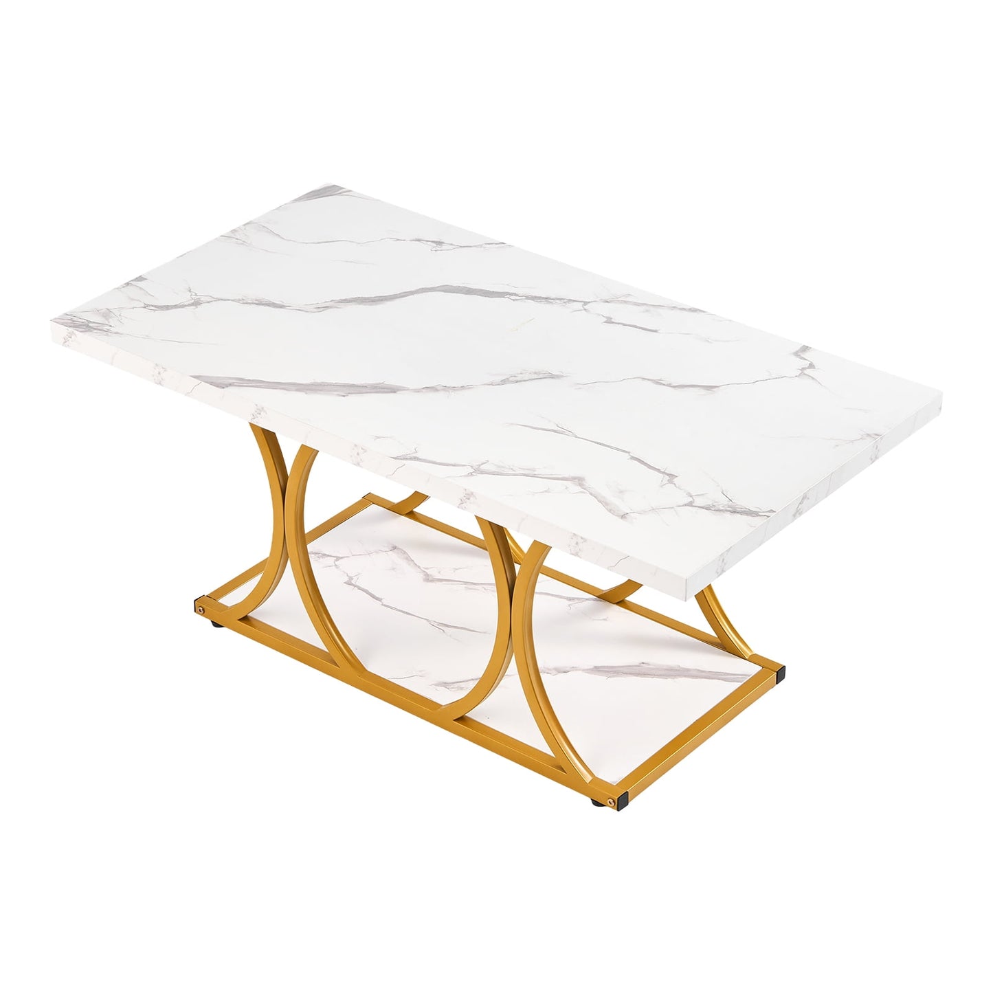 KFFKFF Modern Faux Marble Coffee Table, 2-Tier Rectangular Center Table with Geometric Metal Legs, Minimalist Design for Living Room or Office, Easy to Assemble, White