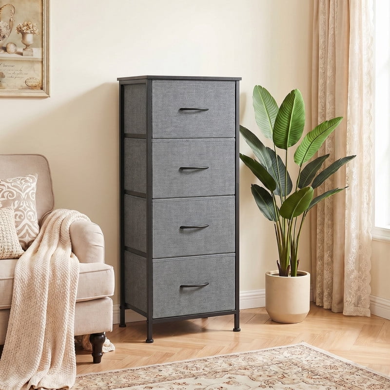 Kelno Nightstand 2 Drawers Fabric Storage Dresser Small Bedside Table Wood Top, Rustic Brown