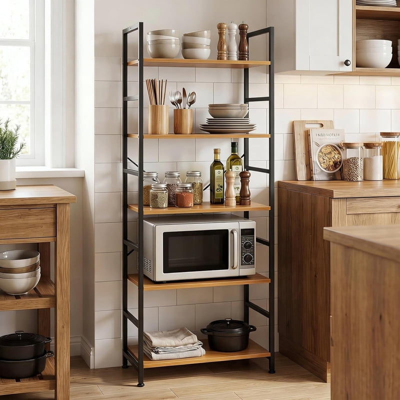 Kelno 5-Tier Bookshelf 62"x24" Industrial Storage Shelf Free Standing Bookcase Metal Frame Bookcase with Open Storage Shelves,Light Oak