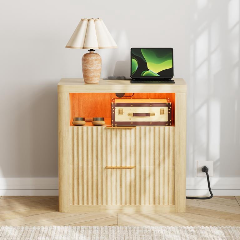 Lacoo End Table with Lights & Power Outlet, Fluted Nightstand with 2 Drawers for Bedroom, Sofa Side End Table for Living Room, Natural