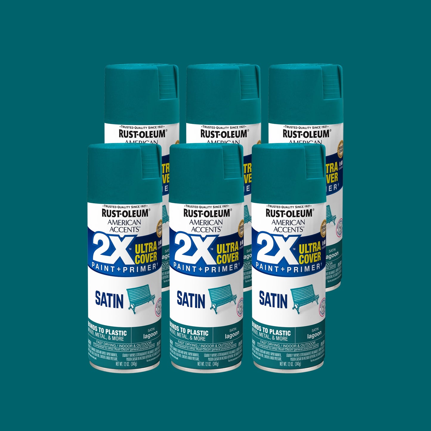 6 Pack, Lagoon Rust-Oleum American Accents 2X Ultra Cover Satin Spray Paint-327921, 12 oz