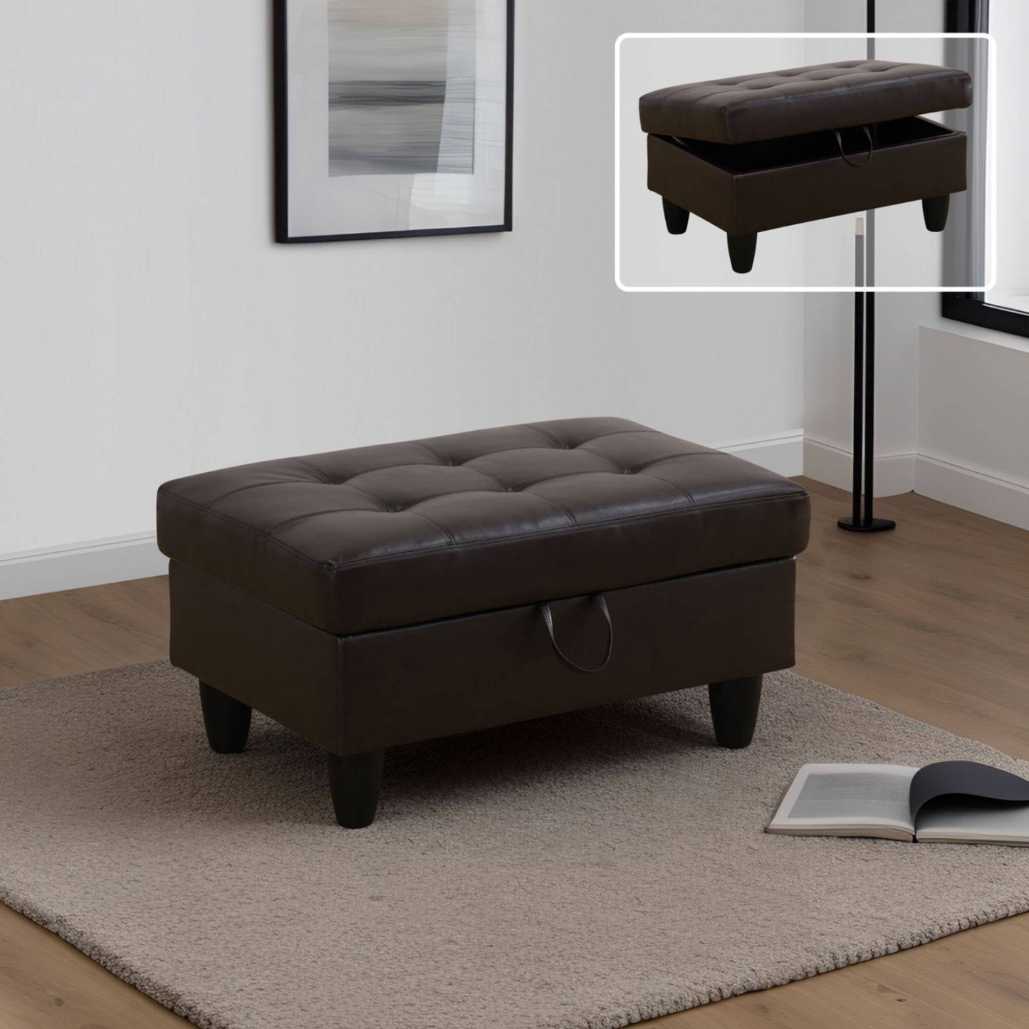 Otoman de Almacenamiento de Cuero, Taburete Plegable con Banco Otomano con Botones de Almacenamiento para Sala de Estar, Negro
