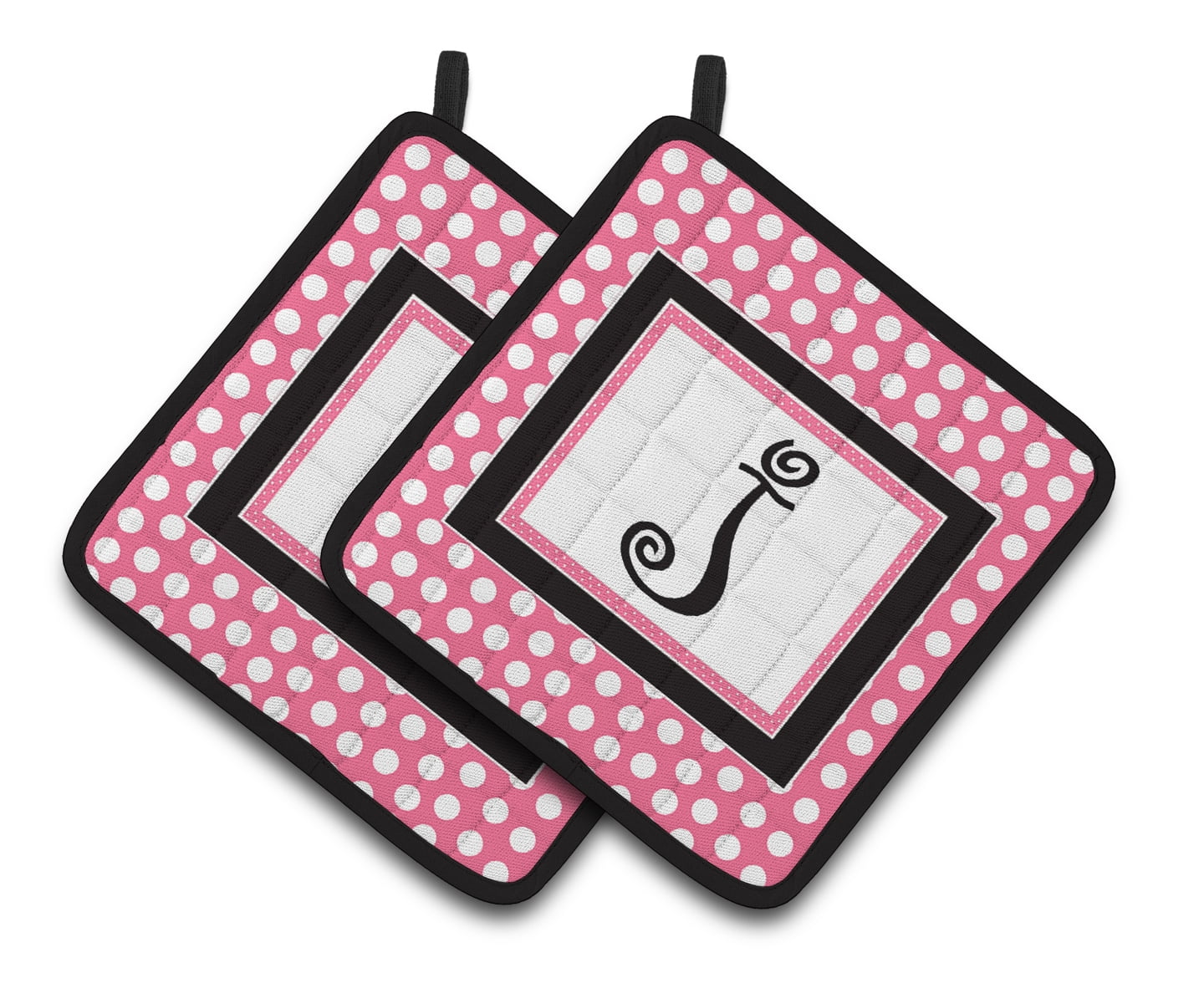 Letter J Monogram - Pink Black Polka Dots Pair of Pot Holders
