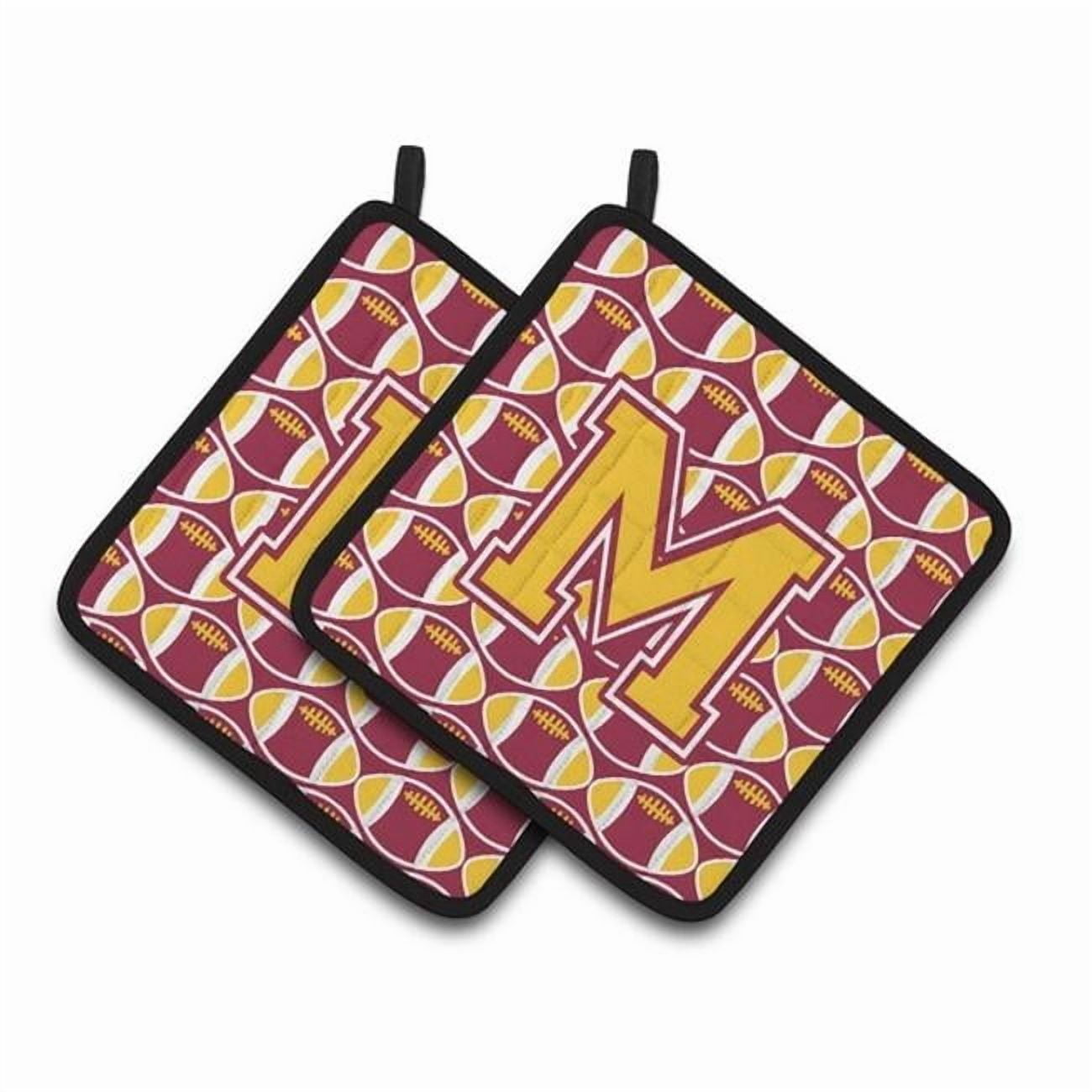 Letter M Football Maroon and Gold Pair of Pot Holders