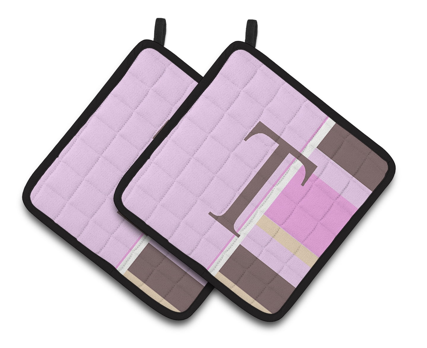 Letter T Initial Monogram - Pink Stripes Pair of Pot Holders